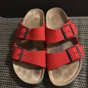 Red suede Arizona Birkenstock’s size 37